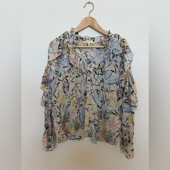 Maje Floral Ruffle Printed Long Sleeve Blouse Letrany Top Size Small - Picture 5 of 9